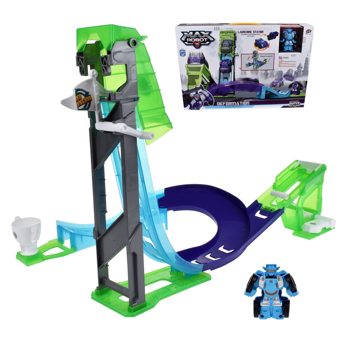 Pista Ascensor Con Auto Transformable En Robot - Celeste